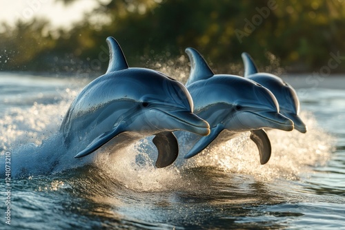 Three dolphins jumping synchronized out of the water at sunset photo