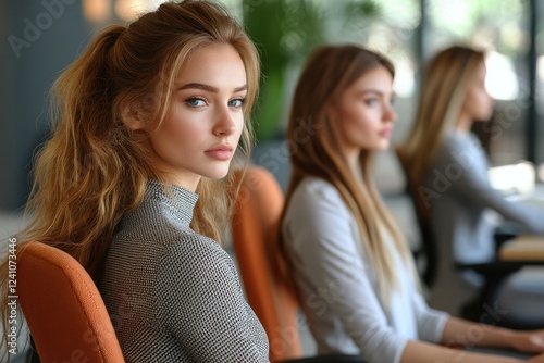 Young businesswomen sitting in a row in office meeting