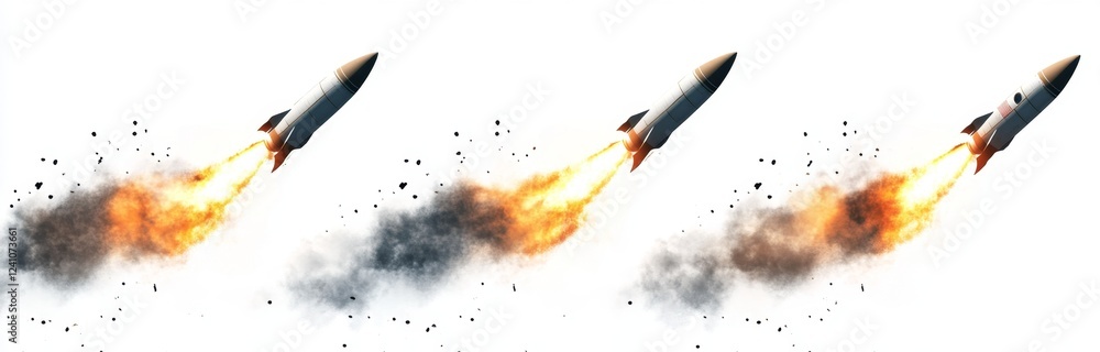 Triple rocket launch, fiery trails, debris background, game asset