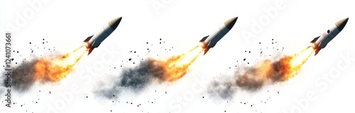 Obraz na płótnie Triple rocket launch, fiery trails, debris background, game asset w salonie