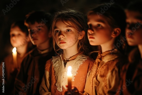 A gothic orphanage with children in ragged clothes standing in the shadows, their faces partially illuminated by a dim candlelight photo