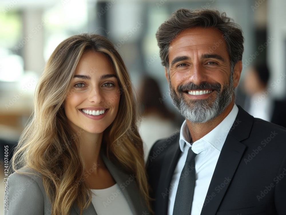 full body shot of smiling of businesswoman and businessman with blurred office background. full body shot of smiling of businesswoman and businessman with blurred office background.