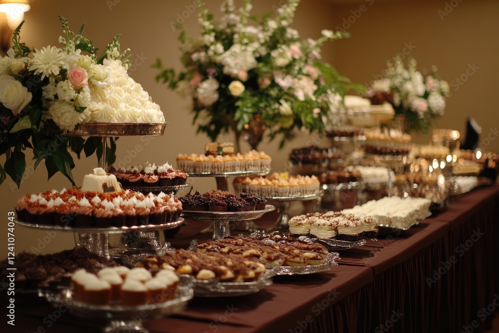 Naklejka premium Delicious cakes and pastries displayed on a table for a wedding reception
