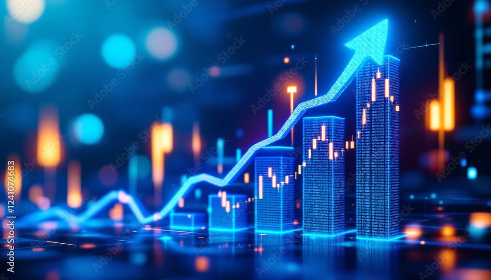Blue glowing stock market chart with rising arrow. Financial trading graph on dark background with candlesticks. Digital investment data visualization for business analysis Blue glowing stock market chart with rising arrow. Financial trading graph on dark background with candlesticks. Digital investment data visualization for business analysis