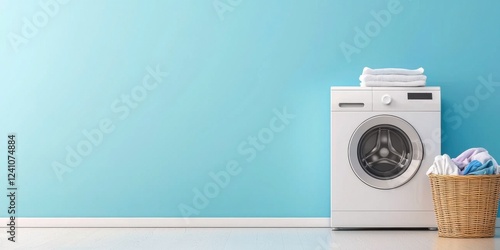 White washing machine with stack of towels and wicker laundry basket on a blue background. Home laundry and cleaning concept. Flat lay composition with copy space.