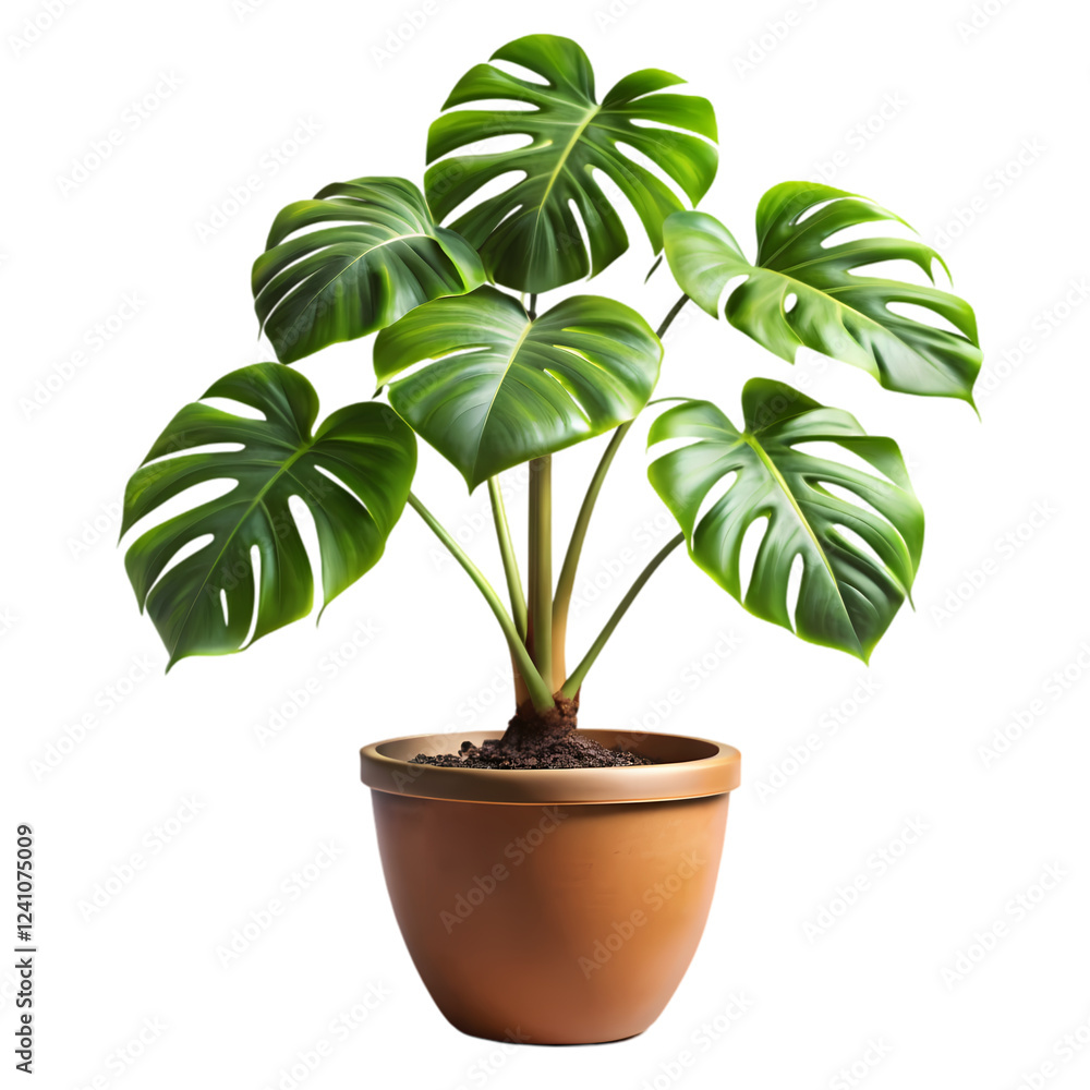 Vibrant green monstera plant in brown pot on lush life home dark flora on transparent background