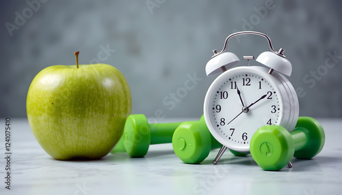 Fitness Time - Green Apple, Dumbbells, and Alarm Clock on Marble Surface photo