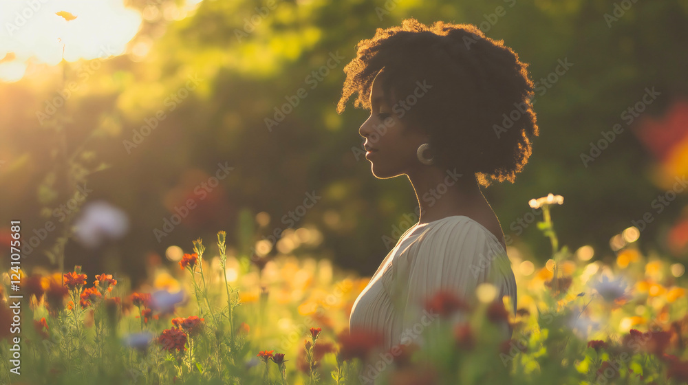 Naklejka premium Joyful Woman Amidst Colorful Flowers in Sunlit Garden Portrait