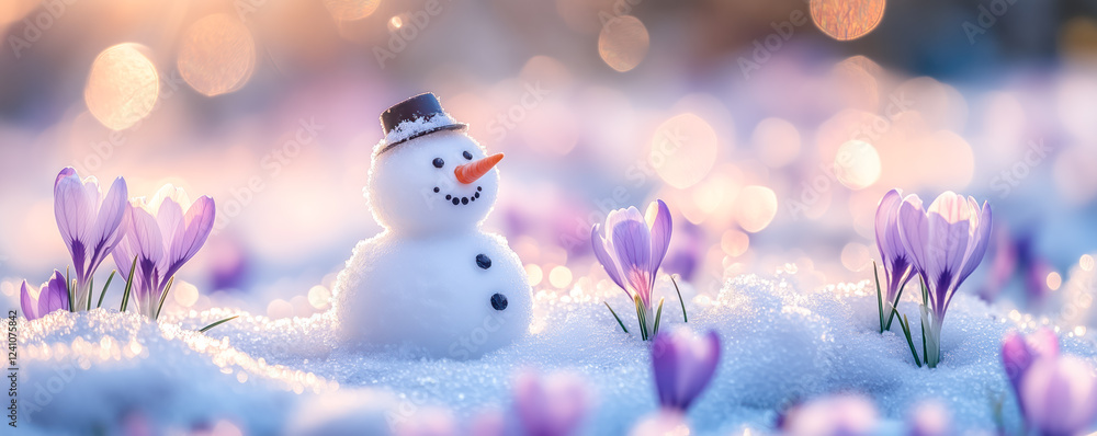 Obraz premium A little snowman standing with the crocuses blooming around him under the spring sunlight. First flowers in springtime.