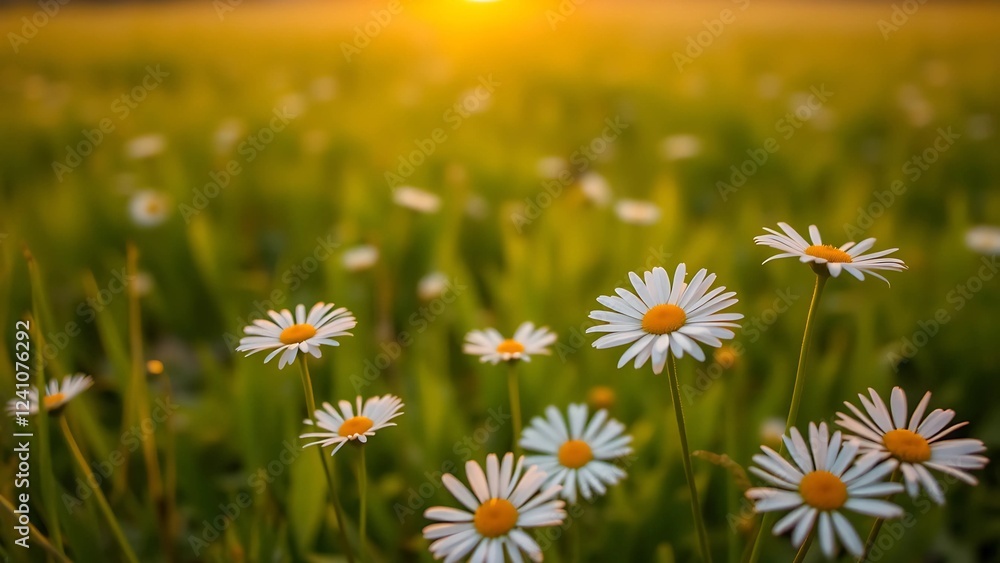 Landscape of white daisy blooms in a field, with the setting sun in focus. Landscape of white daisy blooms in a field, with the setting sun in focus.