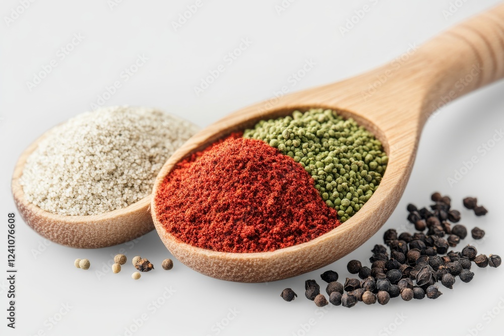 A wooden spoon holds a variety of colorful spices, including red, green, and black, against a light background, emphasizing the vibrancy of culinary ingredients. A wooden spoon holds a variety of colorful spices, including red, green, and black, against a light background, emphasizing the vibrancy of culinary ingredients.