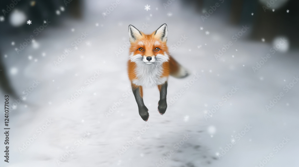 Fototapeta premium Fox Jumps Playfully Through Falling Snowflakes in a Serene Winter Forest Setting