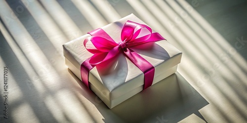 Elegant White Gift Box with Translucent Pink Ribbon - Aerial Drone Shot