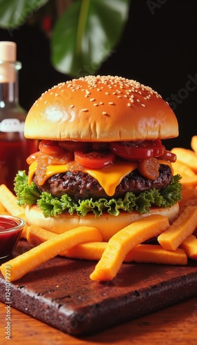 Juicy Beef Burger with Cheddar Cheese and French Fries