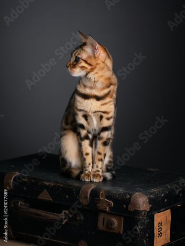 Bengal cat sitting on a vintage suitcase against a dark background. Studio shot capturing the feline's striking coat pattern and attentive expression. Elegant and detailed animal portrait.