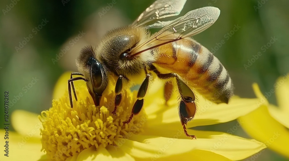 Close-up of honeybee pollinating a bright yellow flower. Close-up of honeybee pollinating a bright yellow flower.