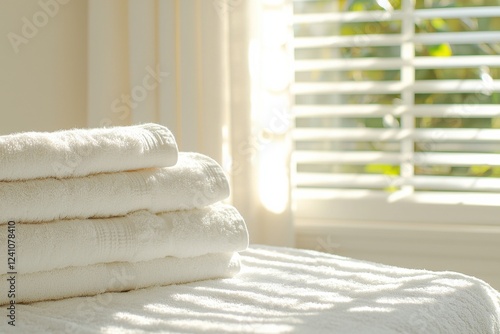 Stack of white towels on a bed in sunlight near a window with blinds. Fresh laundry and home decor concept.