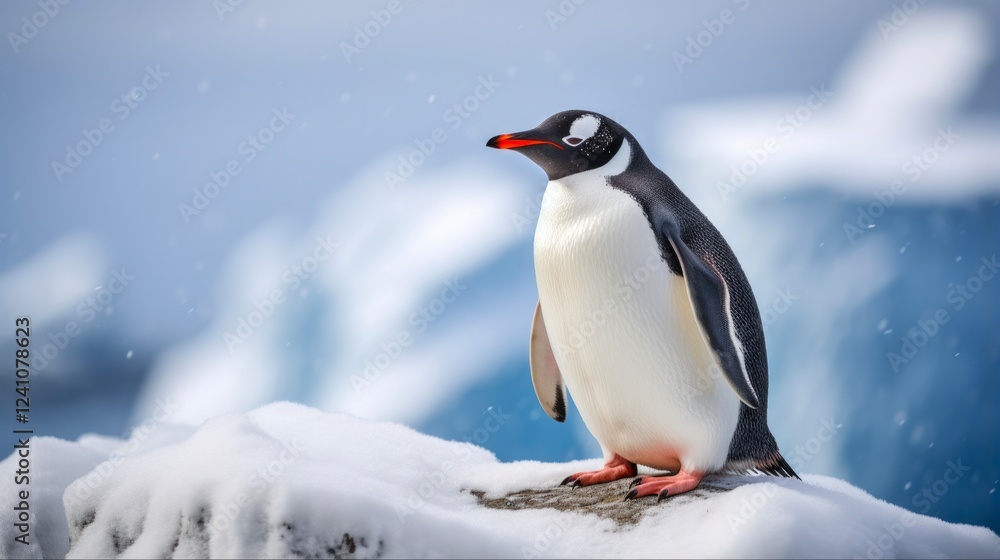 Fototapeta premium Gentoo Penguin in Antarctica: Profile of Majestic Bird in Snowy Habitat amid Nature's Subtle White Palette