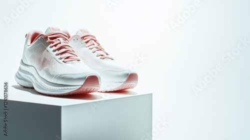 Stylish White Running Shoes on a Minimalist Display Stand With Soft Lighting Showcasing Modern Design and Color Accents