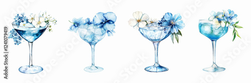 Watercolor set of blue cocktails with ice cubes and decorated with blue flowers. Blue Lagoon cocktails. Alcoholic cocktails in martini glasses decorated with flowers. Vector illustration.