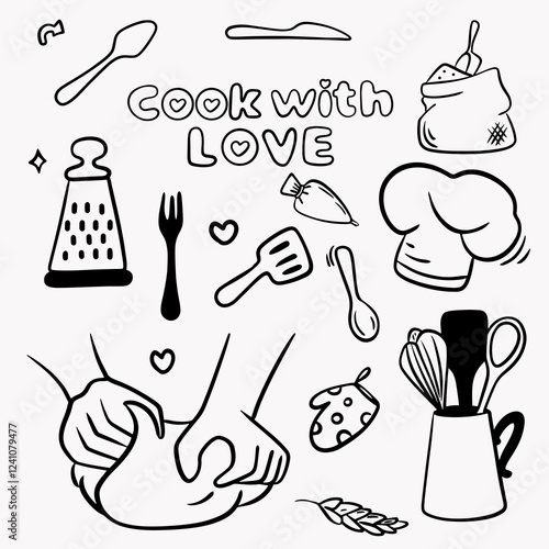 A large set of elements for preparing food for cooking: a chef's hat, a bag of flour, scales, a fork, hands with dough, a set of cutlery, a grater, an apron, the inscription Bon Appetit