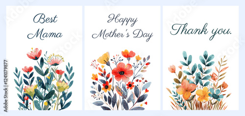 Set of watercolor Mother's Day cards. Happy Mother's Day. Watercolor spring flowers with green leaves and Mother's Day greetings. Vector illustration. photo