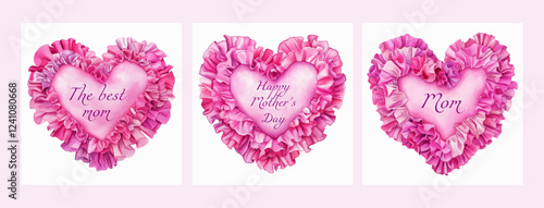 Mother's Day pillows with pink hearts with ruffles. Watercolor pink heart-shaped pillows with ruffles and Mother's Day greetings. Evening illustration.