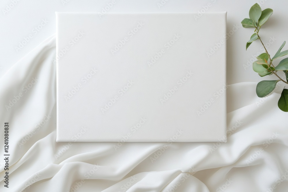 A minimalist composition featuring a blank canvas on a soft, flowing fabric with greenery, perfect for artistic inspiration. A minimalist composition featuring a blank canvas on a soft, flowing fabric with greenery, perfect for artistic inspiration.