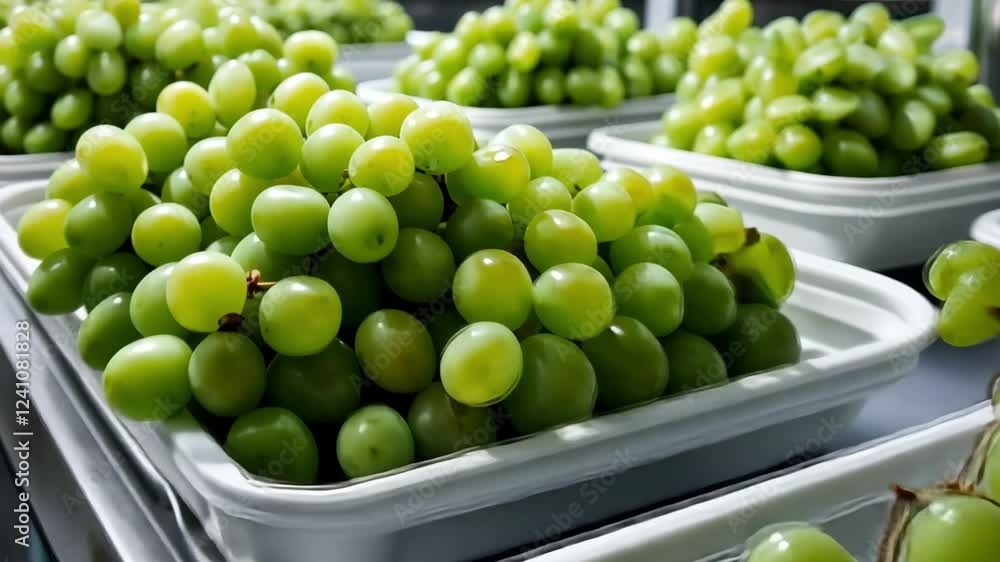 Fresh green grapes in trays on conveyor belt in modern factory setting Fresh green grapes in trays on conveyor belt in modern factory setting