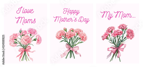 Happy Mother's Day set of postcards with a bouquet of pink carnations watercolor. Postcards with a bouquet of pink watercolor carnations with greetings. Happy Mother's Day. vector illustration.