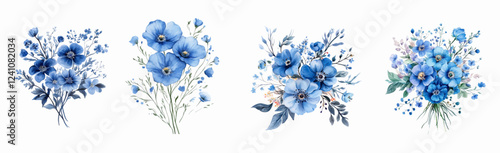 Watercolor set of bouquets of blue flowers png. Blue flowers and blue plants with leaves in a bouquet. Romantic watercolor flowers on an isolated background. Vector illustration.