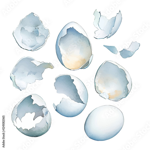 Watercolor fragments of eggshell png. Pieces of the shell are scattered chaotically, some of them are completely broken, others remain almost intact. Vector illustration.