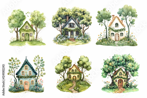 Watercolor set of cute summer houses. Cozy fairy houses decorated with greenery standing among green trees. Summer cute children's watercolor illustrations. Vector illustration.
