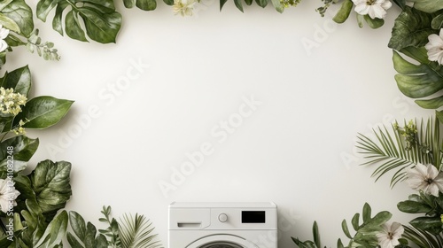 White washing machine with tropical green leaves and white flowers on a light background. Flat lay composition with copy space. Laundry and home cleaning concept.