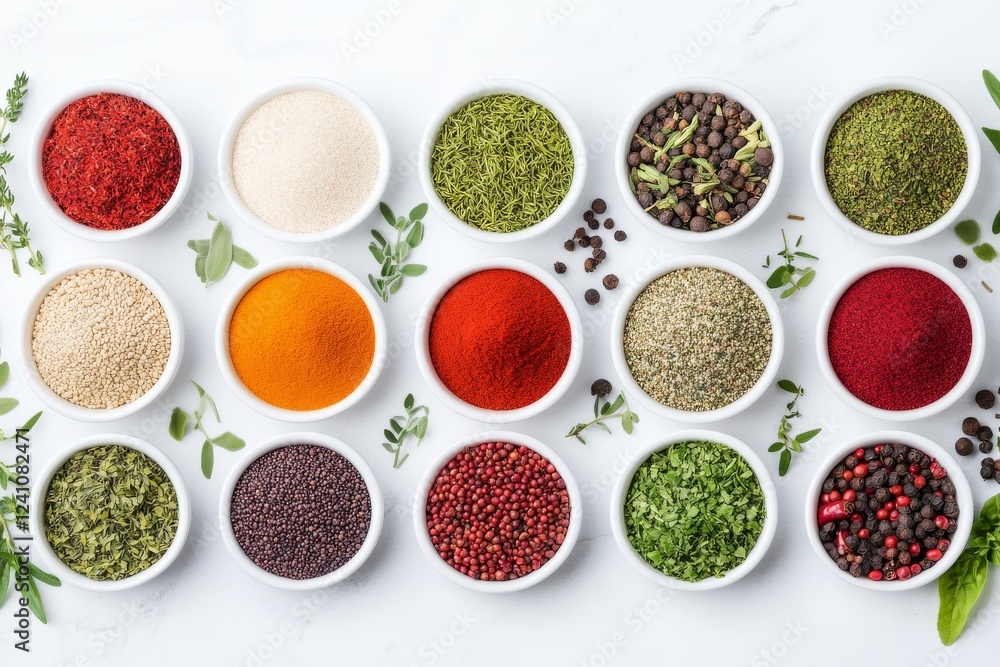 A colorful array of spices and herbs displayed in white bowls, showcasing a variety of textures and colors against a clean background. A colorful array of spices and herbs displayed in white bowls, showcasing a variety of textures and colors against a clean background.