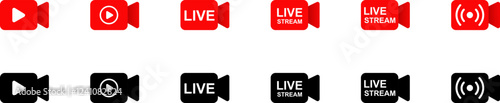 A collection of live stream icons in red and black, displaying video camera symbols with different styles that indicate live streaming and playback features