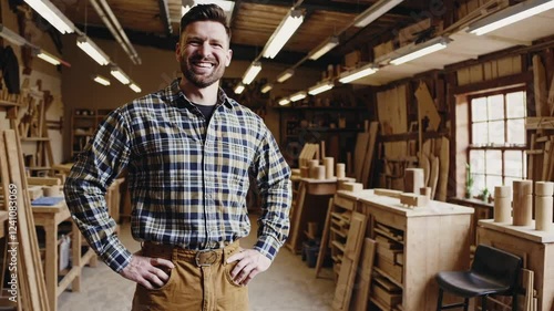 Wallpaper Mural portrait of smiling male carpenter standing in front of his woodwork workshop Torontodigital.ca