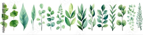Green Leaf Watercolor Set. Hand Painted Illustration of Plants, Foliage and Tree Branches in Watercolor on White Background