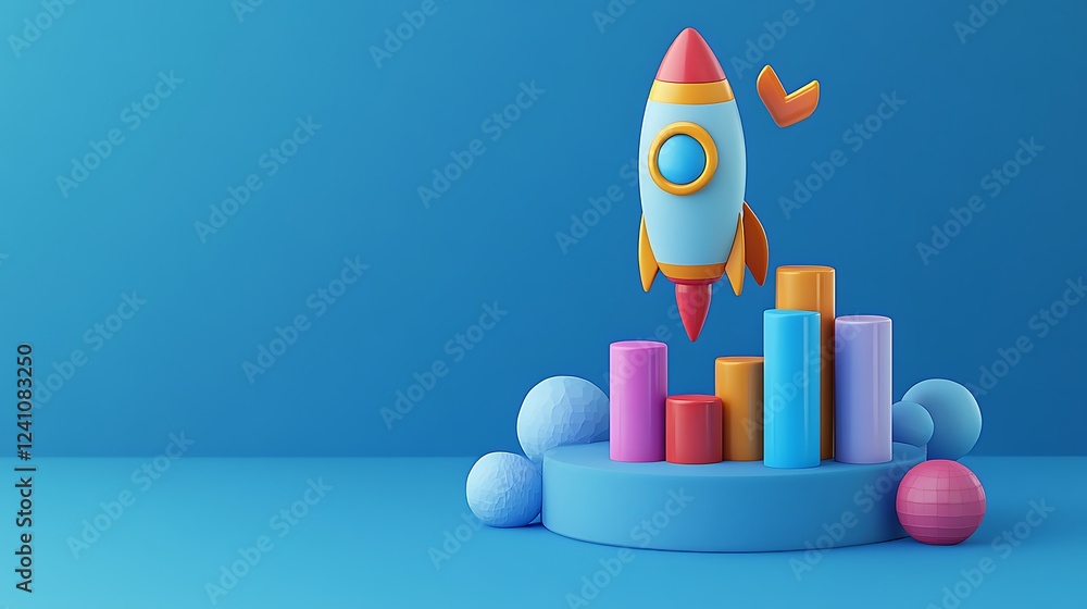 Obraz premium 3D icon of a rocket and bar graph with an upward