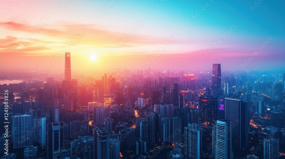 A cityscape at sunset with a mix of tall buildings and smaller structures. A cityscape at sunset with a mix of tall buildings and smaller structures.