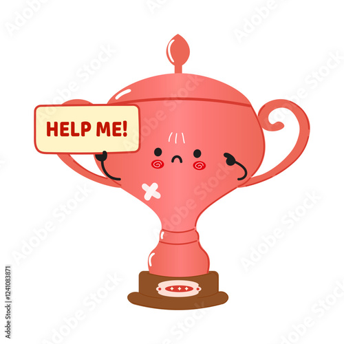 Cute Bronze Trophy Cup Character with Help Sign Bronze Trophy Cup Plea for Help