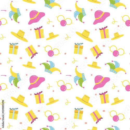 Colorful carnival pattern with hats, gifts, sunglasses, and arrows on white background.