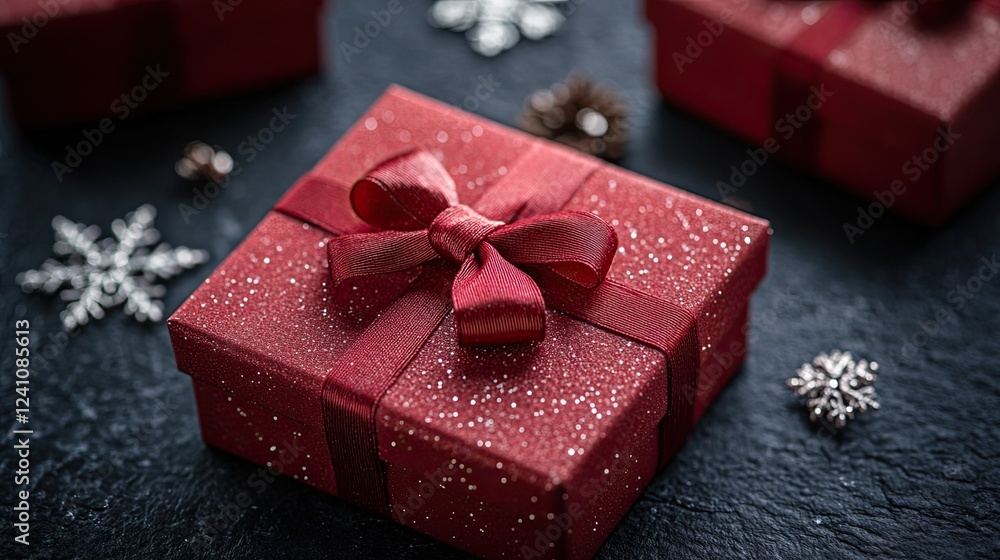Festive Red Gift Boxes with Snowflakes on Dark Background . Festive Red Gift Boxes with Snowflakes on Dark Background .