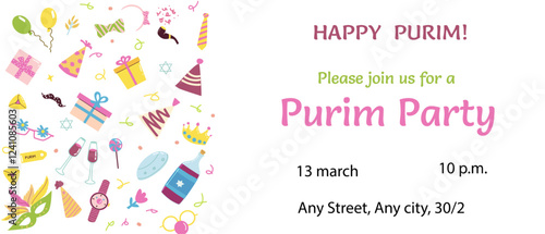 Colorful purim party invitation with festive symbols and celebration details.