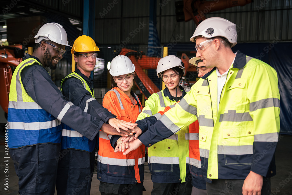Diverse team of engineers and technicians stacking hands in unity, symbolizing teamwork and collaboration in robotic arm maintenance at a high tech industrial manufacturing facility Diverse team of engineers and technicians stacking hands in unity, symbolizing teamwork and collaboration in robotic arm maintenance at a high tech industrial manufacturing facility