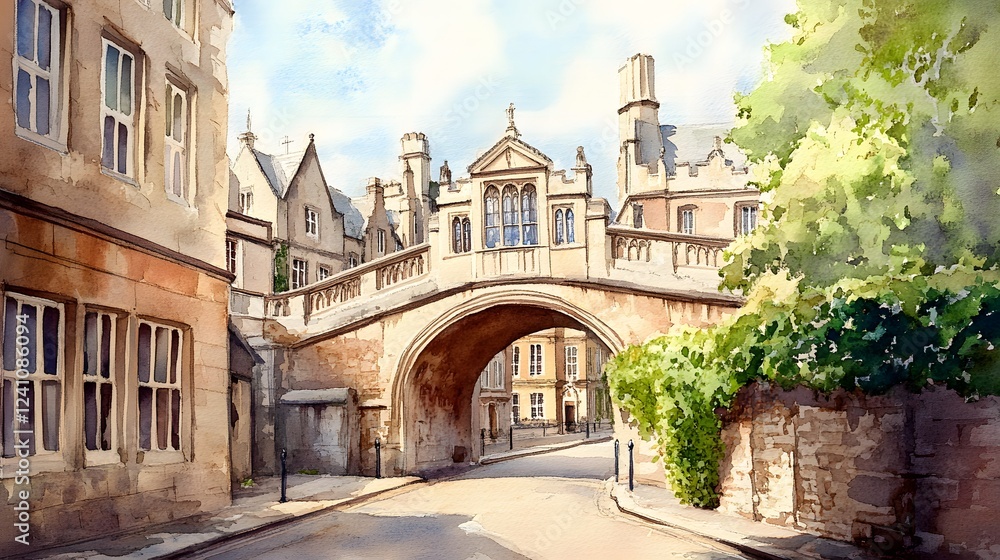A picturesque stone bridge arches over a quaint street A picturesque stone bridge arches over a quaint street