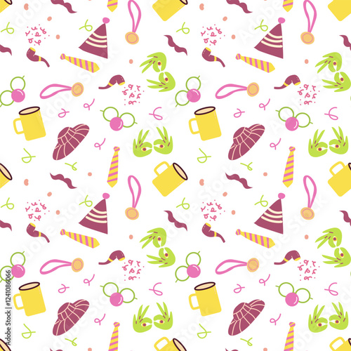 Festive pattern with party hats, mugs, ties, and flowers on white background.