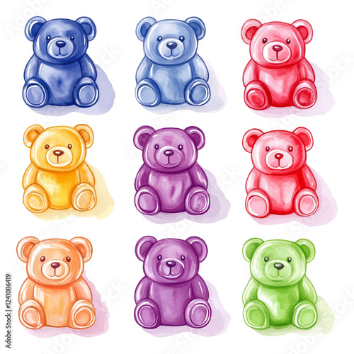 Watercolor set of jelly colored bears png. Cartoon children's candies with berry flavors. Edible animal confectionery. Berry jelly bears. Vector illustration.