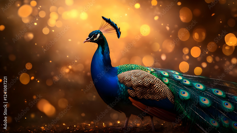 A majestic peacock displaying its vibrant feathers against a bokeh background, showcasing natural beauty and elegance. A majestic peacock displaying its vibrant feathers against a bokeh background, showcasing natural beauty and elegance.