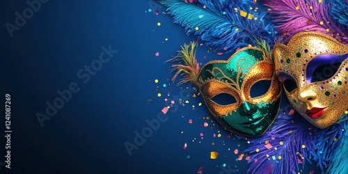 Wallpaper Mural Colorful Carnival Masks with Feathers and Confetti, Banner with Copy Space Torontodigital.ca